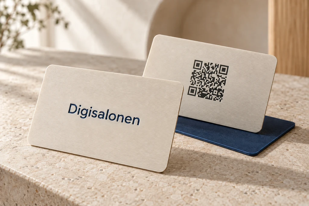 Vaaleat 3D-tulostetut Digisalonen-käyntikortit QR-koodeineen.