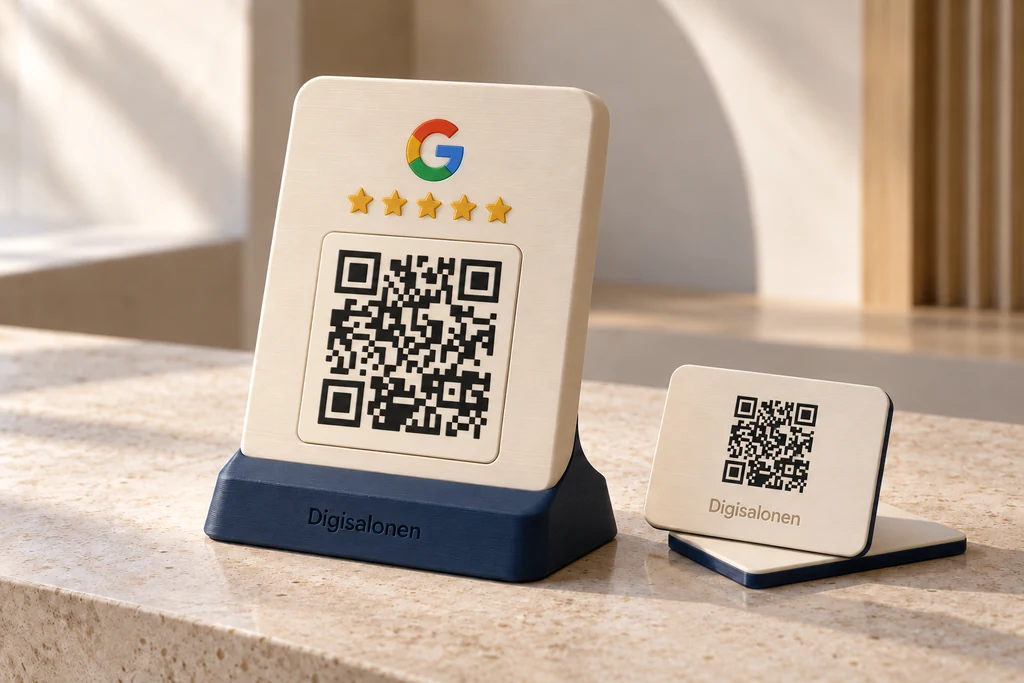 Google-tunnuksella varustettu QR-teline ja käyntikortti Digisalonen-kaiverruksin.