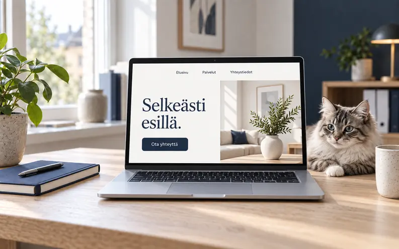Kannettavan näytöllä on yrityssivuston malli, ja kissa lepää tietokoneen vieressä.