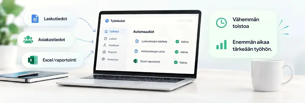 Laskutiedot, asiakastiedot ja Excel-raportointi ohjautuvat sujuvampaan työvaiheeseen, mikä vähentää toistoa ja vapauttaa aikaa tärkeään työhön.